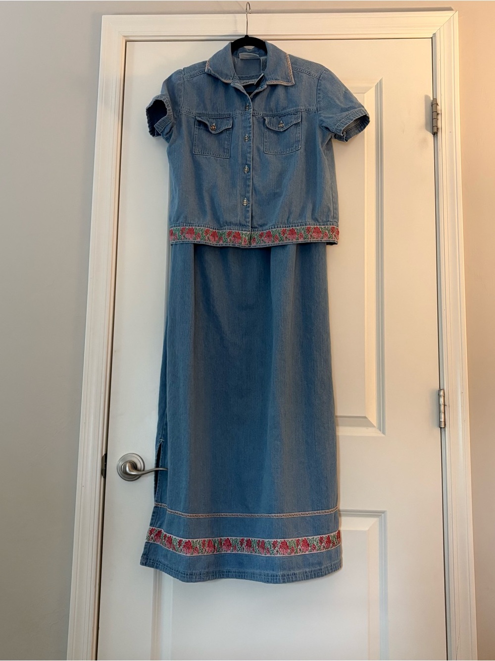 Vintage Blue Denim Cotton Dress and Shirt Sleeve Button Down Shirt Set